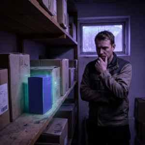 En neutral pakke står på en slidt lagerhylde i et dansk baglokale; en teknisk leder i baggrunden stopper op og overvejer. Indigo skygger og cyan signalreflekser skaber en kølig, anspændt stemning.