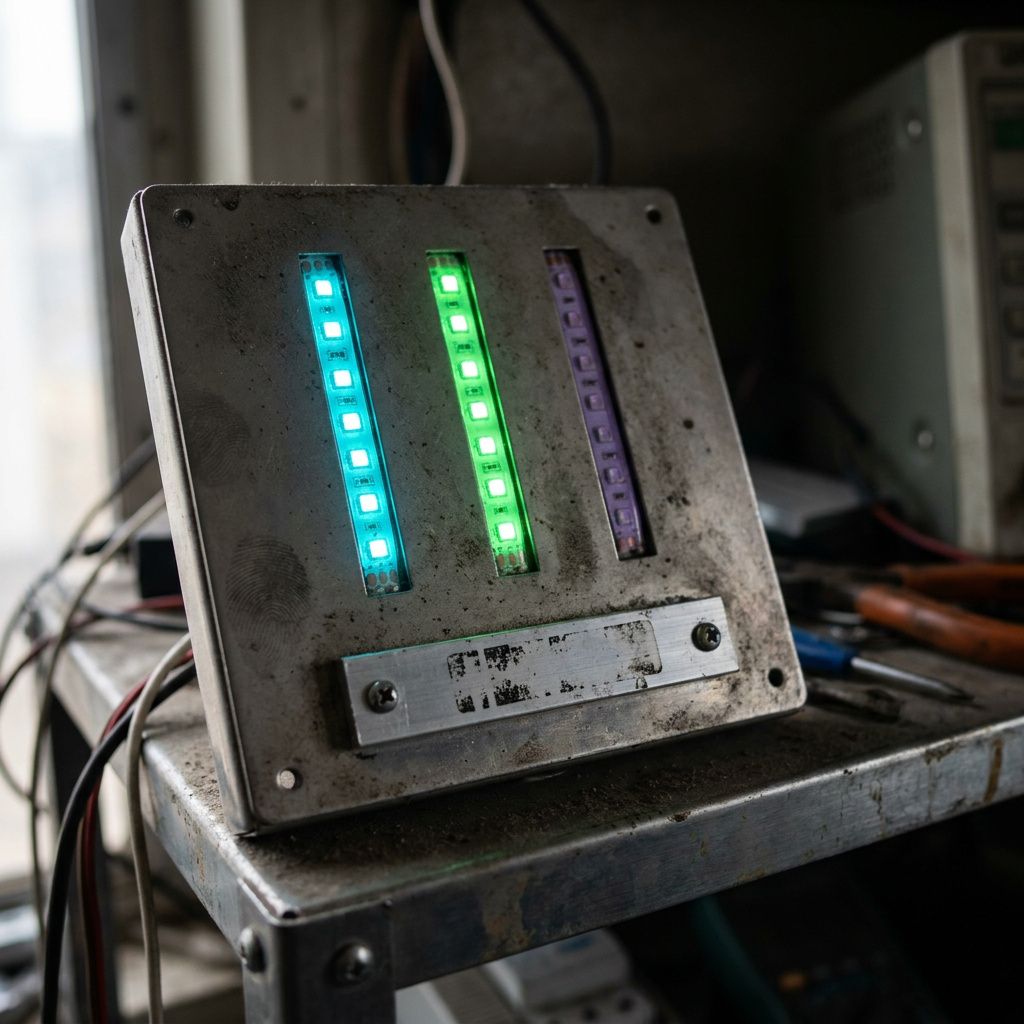 Makro af en test‑canary station med farvekodede LED‑strips og slidt metal, symbol på overvågning og metadata i MLOps.