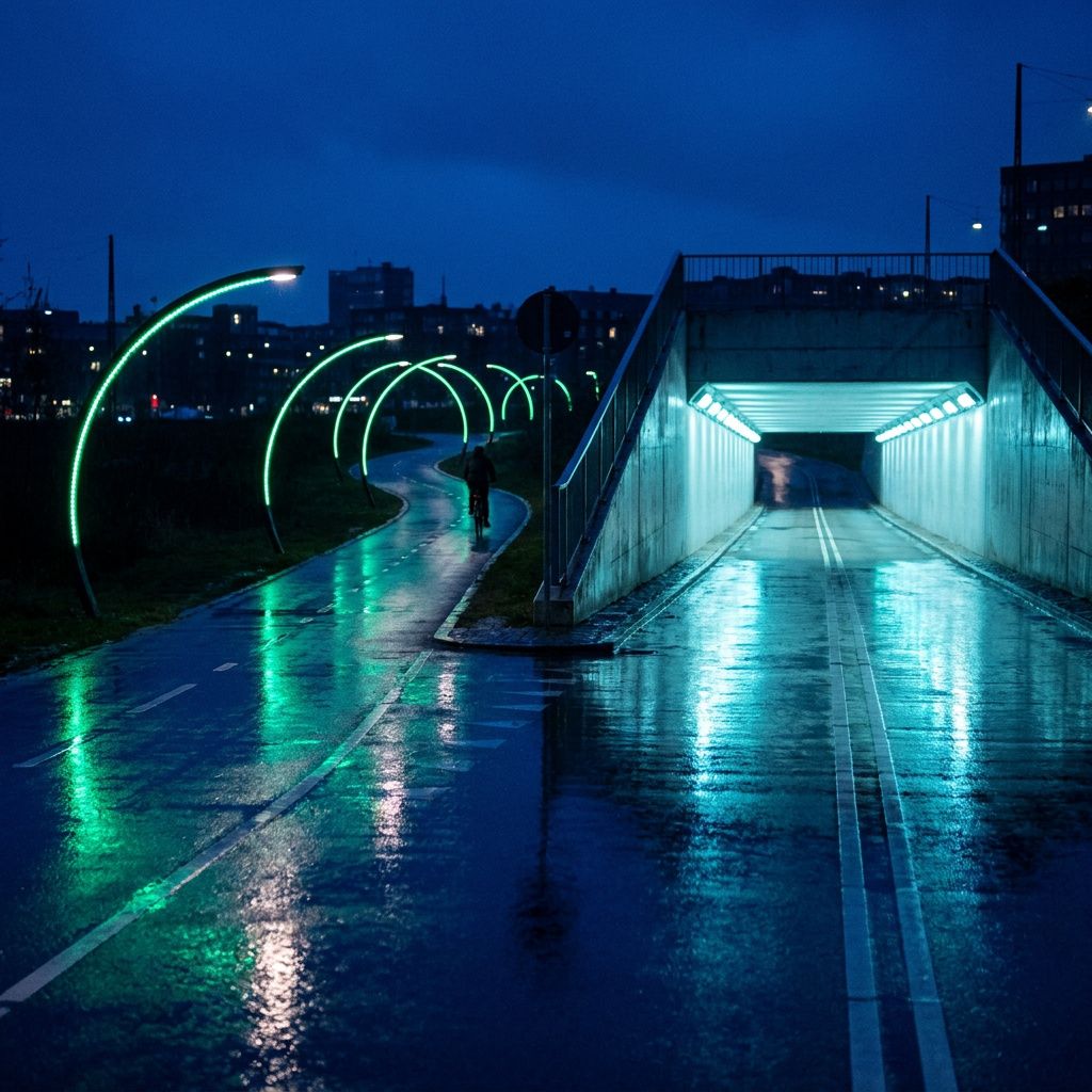 Aftenscene med cykelsti der deler sig i én tunnel og flere mindre ruter, våde reflekser i cyan og grøn.
