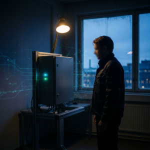 Teknisk ansvarlig i et lille operationsrum isolerer en lukket testboks med cyan/grønne signalaccents og indigo‑belysning; svage lyslinjer i luften antyder en intern modelaudit uden synligt output.