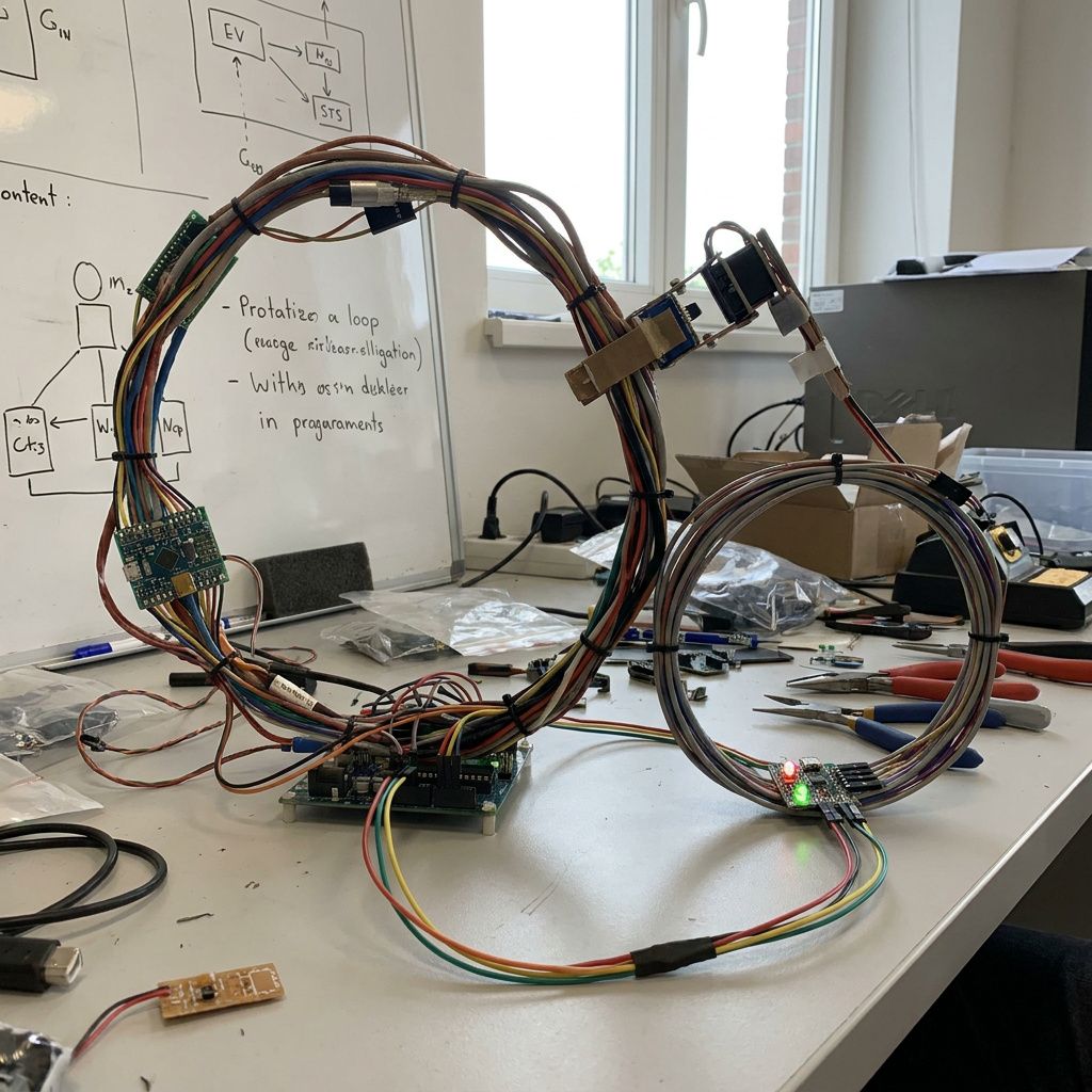 Betongulv med to malede cirkulære baner og små farvede markører, indigo lys og cyan accent, metafor for to lag af loops.