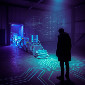 Teknisk/økonomiansvarlig i en dansk dispatch-hall kigger på en opmalet gulvrute der deler sig; en kort kø af kasser venter ved en gate — visualisering af beslutningen mellem modularitet og driftssikkerhed.