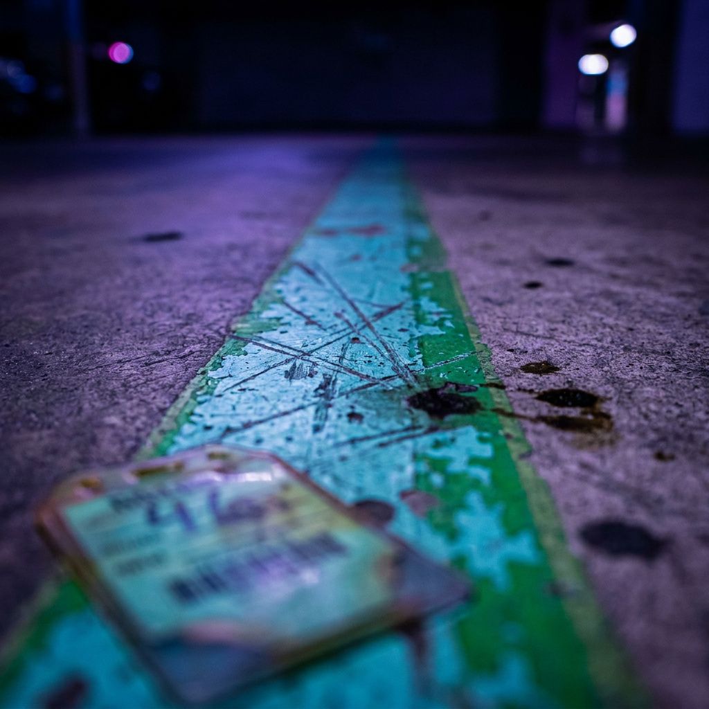 Makro af cyan/grøn gulvmarkering og slidte transport-tags i en dispatch-zone — symbol på gentagne rollouts og driftspåvirkning.