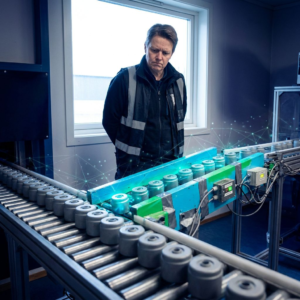 Nordisk testhal: en rullebane med små emner der omdirigeres gennem en cyan/grøn sidebane, to medarbejdere i baggrunden observerer; indigo‑toner og cyan‑highlights.