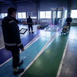 Nordisk produktionsgulv med tre farvekodede ruter (indigo, cyan, grøn) der konvergerer mod en testbås; en teknisk/økonomiansvarlig står trekvart bagfra og vurderer ruterne — stemning koncentreret, purpur/indigo tone med cyan signalaccents.
