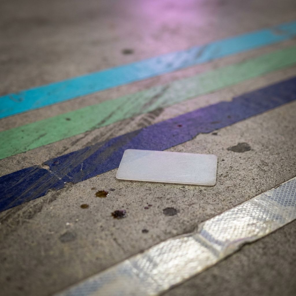 Tæt makrofoto af tre slidte, farvekodede gulvbaner (cyan, grøn, indigo) og en neutral plast‑token som metafor for cache‑hit.