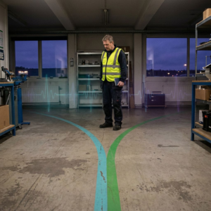 Nordisk operationsøjeblik: en teknisk/økonomiansvarlig vurderer en delt procesrute i en lille test‑/lagerhal; cyan og grøn gulvstriber markerer to valg, indigo/purpur toner og subtile data‑pulser signalerer routing og økonomisk konsekvens.