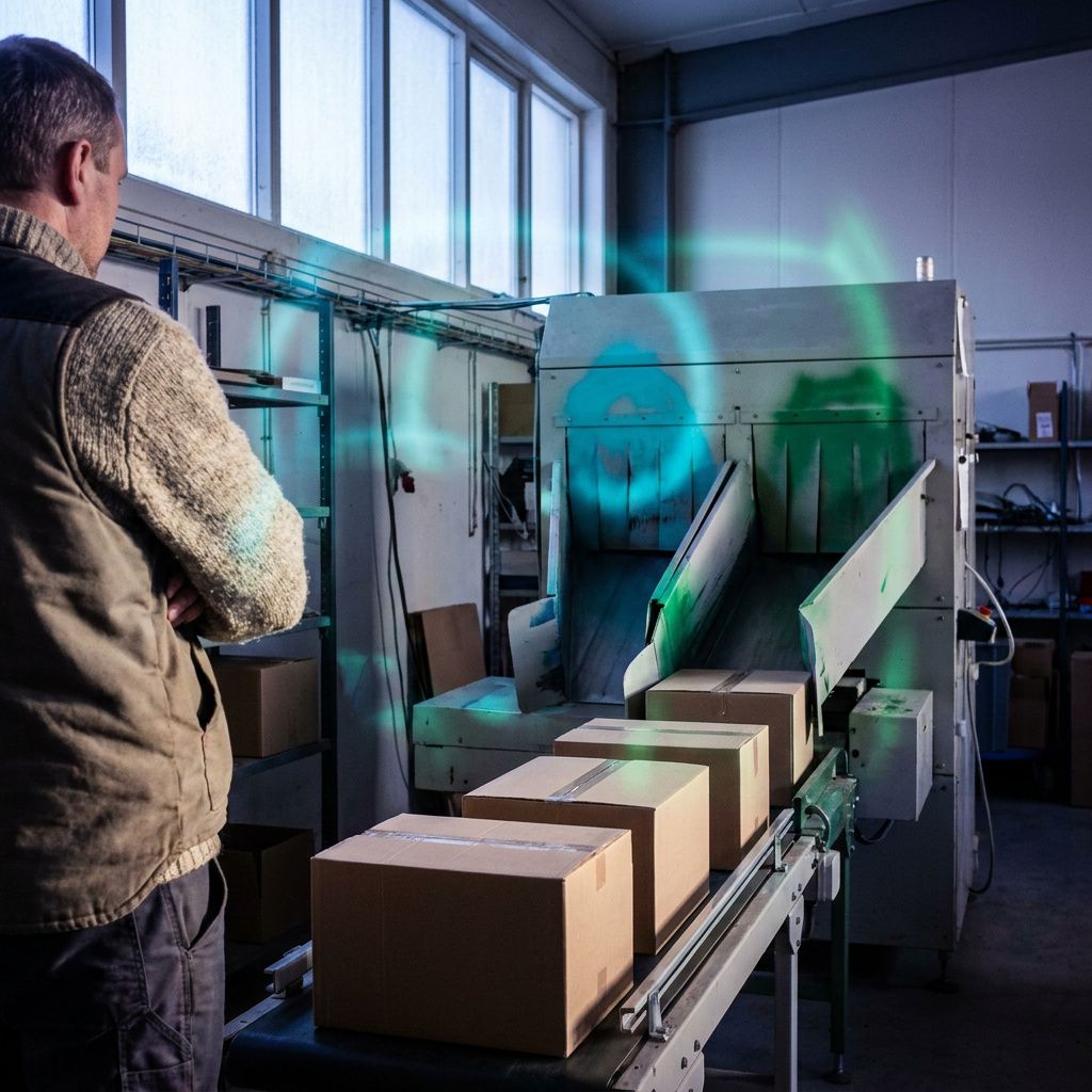 Process in action: en tekniker ved en sorteringsåbning med to markerede udgange (cyan og grøn); scenen illustrerer routingvalg i drift.