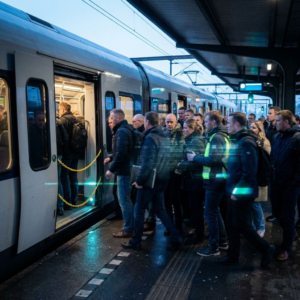 En lille nordisk varemodtagelse hvor et ruteskift har standset den ene chute, og en kø af neutrale plastkasser vokser, mens en operatør er på vej til at omlægge flowet.