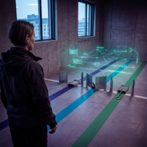 Teknisk leder i et nordisk testrum ser på tre parallelle gulvbaner (indigo, cyan, grøn) der går mod gate‑klaffer; én bane glider frit, de andre har delvis blokeringer. Dyb purpur/indigo belysning med cyan/green accenter.