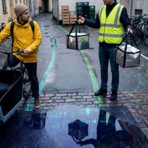 Nordisk lager-rampe i morgenlys efter regn, to farvede gulvbaner mod hver sin varevogn og en leder, der netop vælger hvilken rute næste kasse følger.