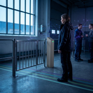 Teknisk leder i en nordisk operationszone ved tre farvede gulvbaner, et neutralt checkpoint og teknikere i baggrunden — illustrerer gating, ventetid og produktionsbeslutninger.