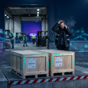 To næsten identiske kasser ved en udleveringsrampe i en lille dansk lagerindgang ved skumring; en bekymret økonomiansvarlig taler i telefon i baggrunden. Indigo/purpur stemning med cyan/grønne signalreflekser; ingen læsbar tekst.