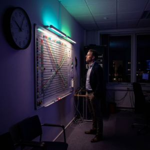 Operationsansvarlig i et lille dansk operationsrum ved et routing‑board om aftenen; cyan/grønne lys pulser antyder forstærkning og glemsel, indigo toner giver en nordisk, analytisk stemning.