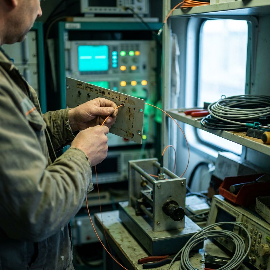 Tekniker (uden ansigt i billedet) ved en test‑rig, fører et kabel ind i et panel mens slørede indikatorer antyder et vedligeholdelsesmoment.