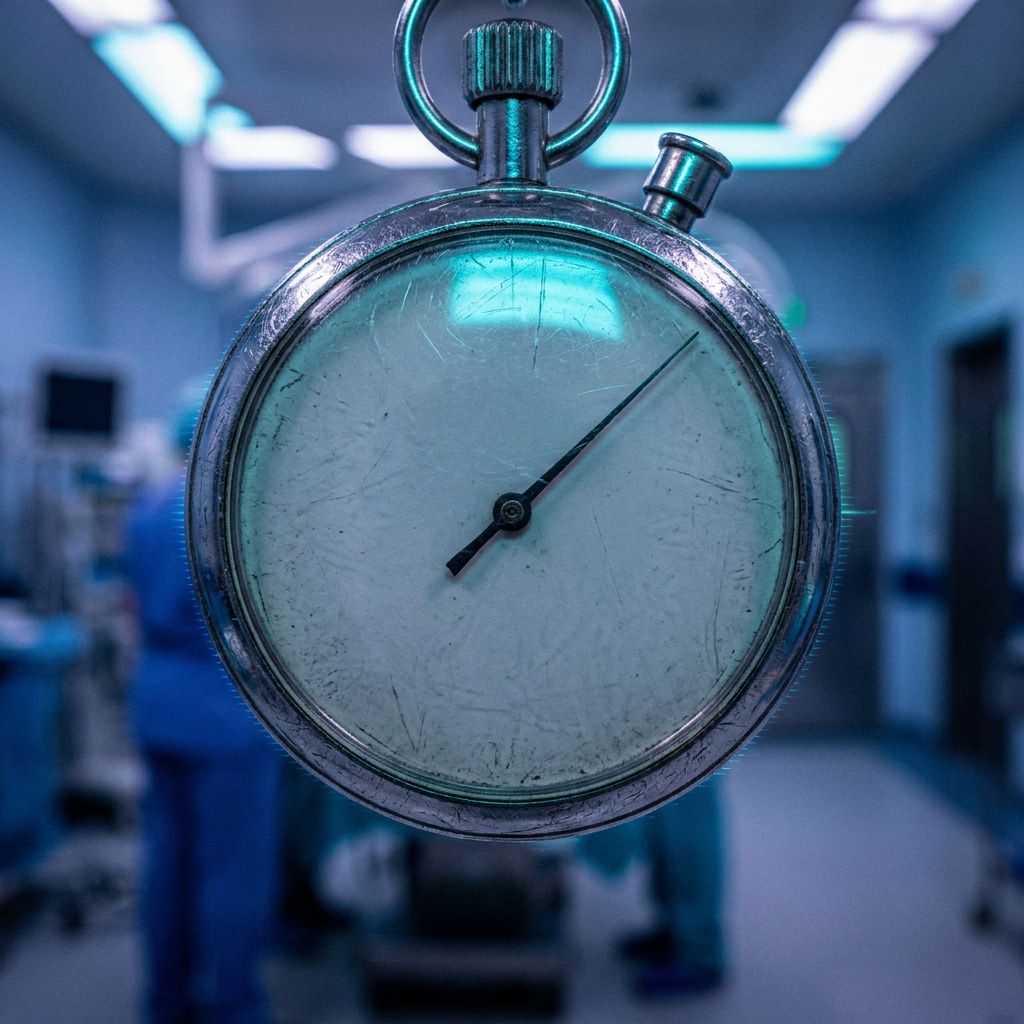 Makrofoto af et slidt mekanisk stopur med cyan/grønne refleksioner; teksturdetalje og symbolik for latency‑budget.