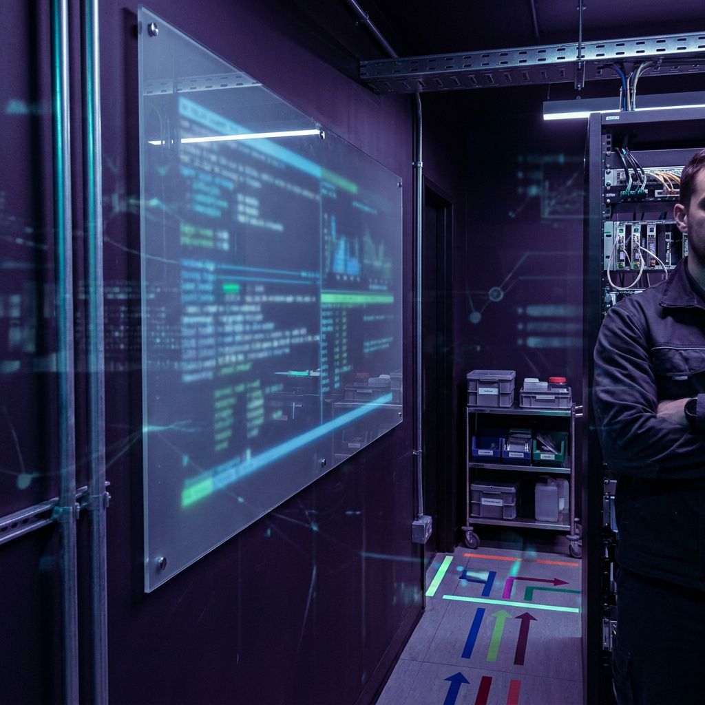Operationsrum med vægmonteret terminal‑TUI (uskarpt) og tekniker i profil; symboliserer headless agent‑drift og CI‑integration.