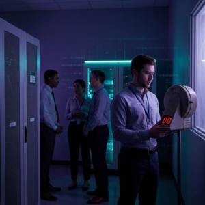 Nordisk operationsrum: en it/operationsansvarlig vurderer driftspres og kø, omgivet af testudstyr og cyan/indigo accents — visuelt beslutningsøjeblik om at tage en stor, åben model i produktion.