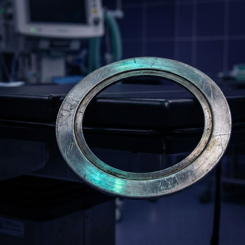 Makrofoto af en unlabeled forseglingsring på en lukket servicekasse med cyan‑grøn refleks og indigo baggrund.