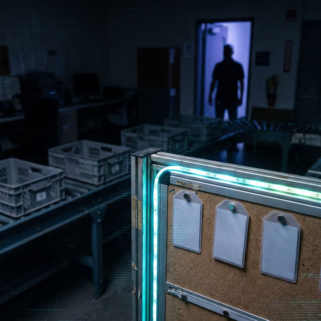 Nattefoto af et lille incident‑hjørne: plastikmærker på et stativ, kassebane i baggrunden, indigo‑lys og cyan accenter.