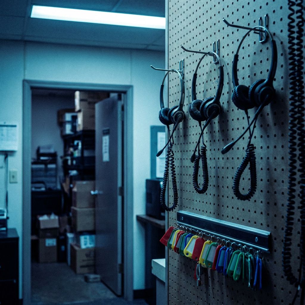 Supportrum med headsets og farvekodede plastikmærker; antyder kø og operationspres i en support‑stagingzone.