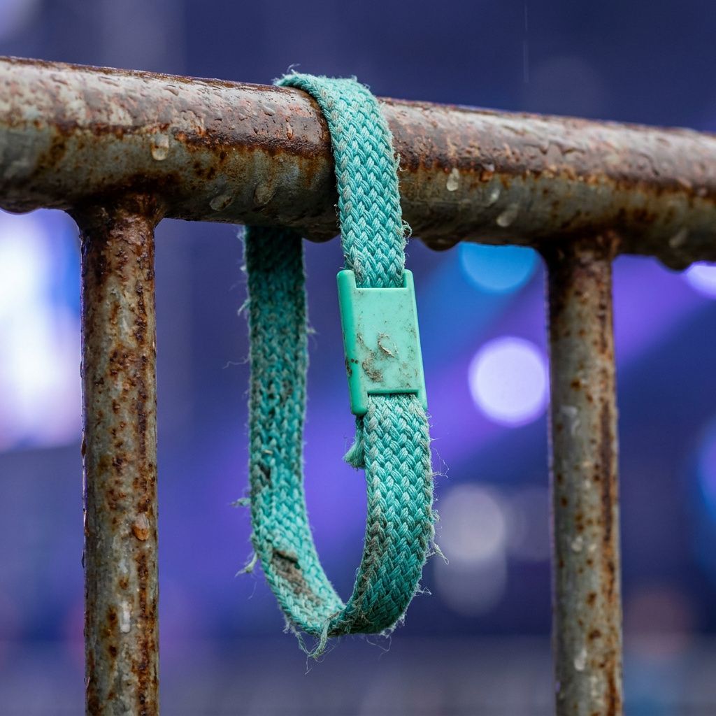 Makrofoto af et cyan‑grønt event‑armbånd på en våd barrierestang, regndråber, indigo baggrundsbokeh.