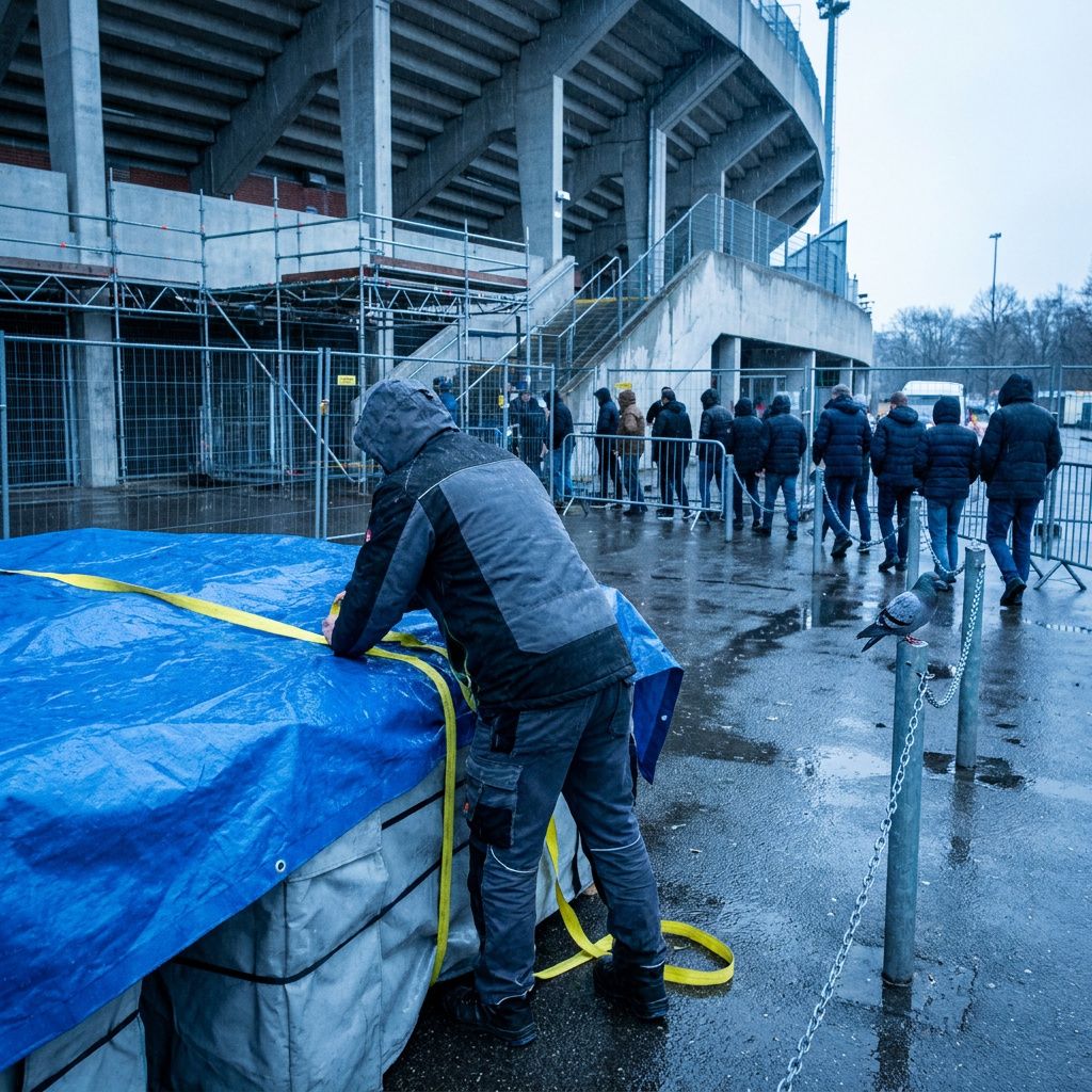 Felttekniker justerer teltkappe ved en stadionindgang, barrierer og omdirigeret kø i baggrunden, indigo‑cyan tone.
