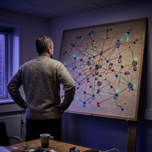 Mellemleder står over et skråt systemkort med mange markører og forseglede tokens — metafor for bred indsamling og verificerbar dokumentation i et benchmark.
