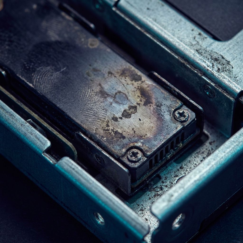Makro af en lille SSD‑kasse i et edge‑chassis med slitage, indigo/cyan toner.