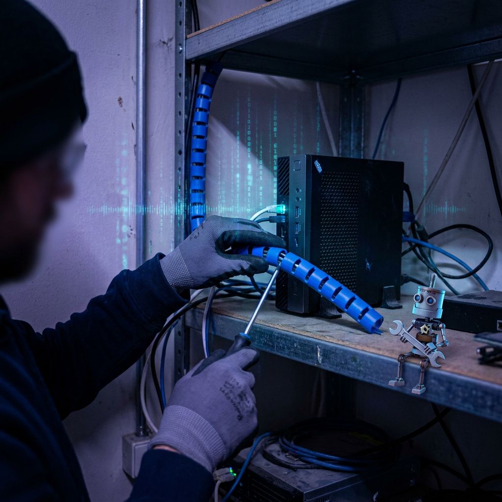 Tekniker monterer en kompakt edge‑box i en lille serverniche; indigo/cyan tone, hænder ude af frame.