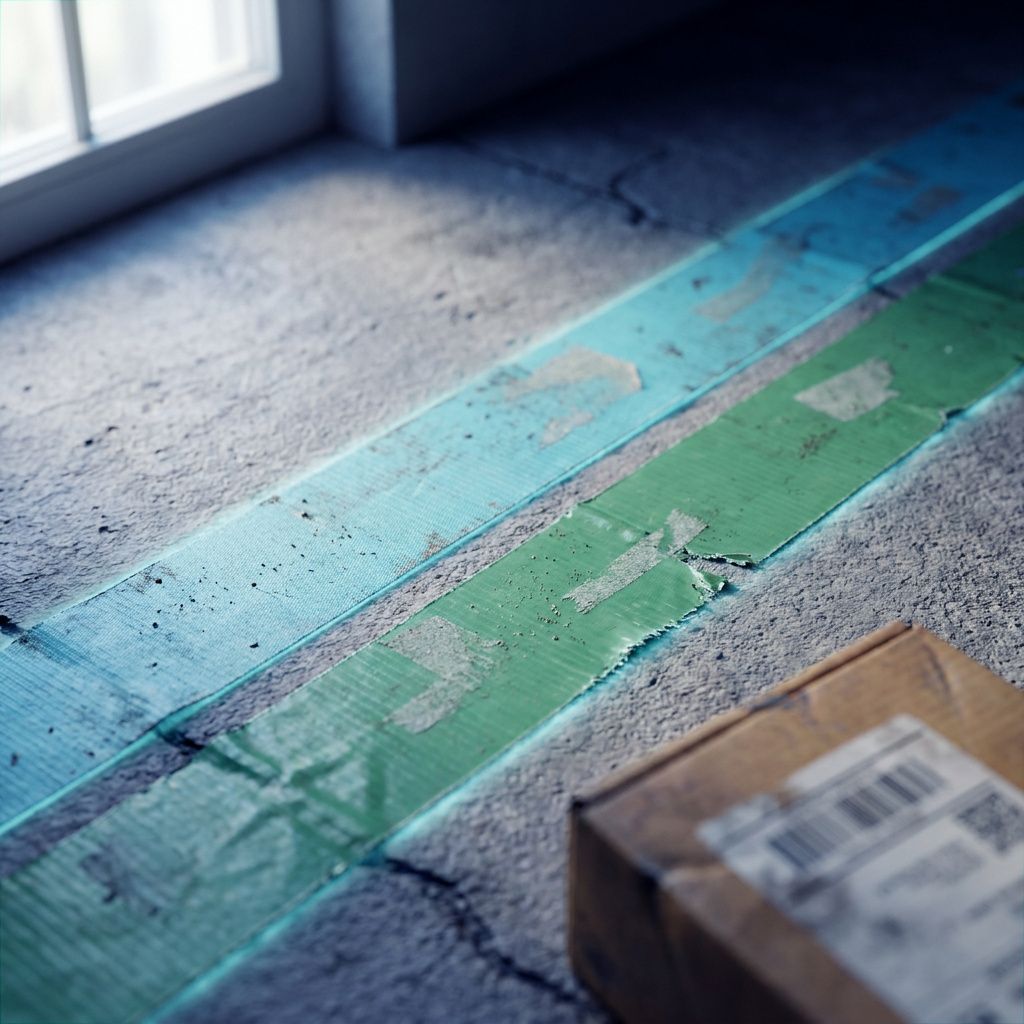Makrofoto af cyan og grøn tape på betongulv med en slidt papæske i kanten, symbol på routingbaner og drift.