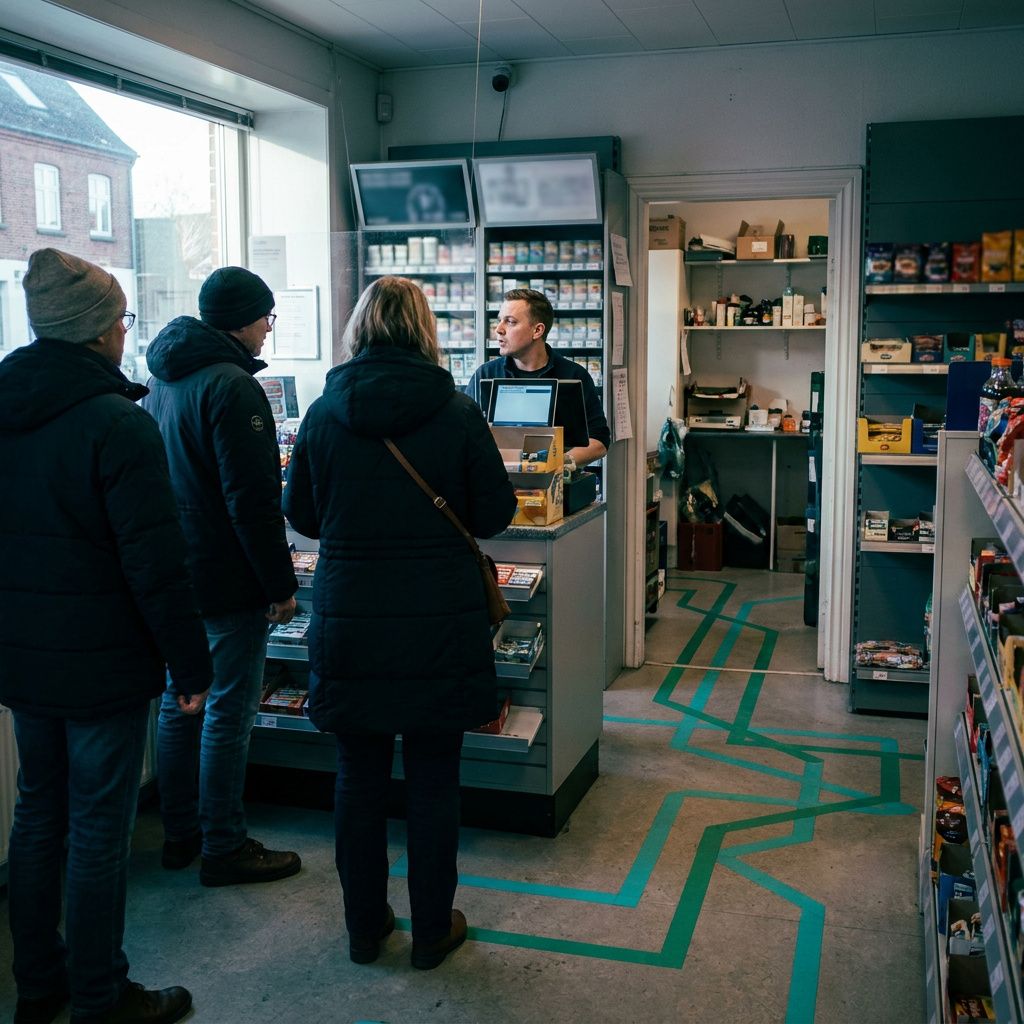 Kunder i kø i en lille dansk butik; baglokalet viser cyan/green tape på gulvet som routing‑metafor for beslutning om ensemble vs frontier.