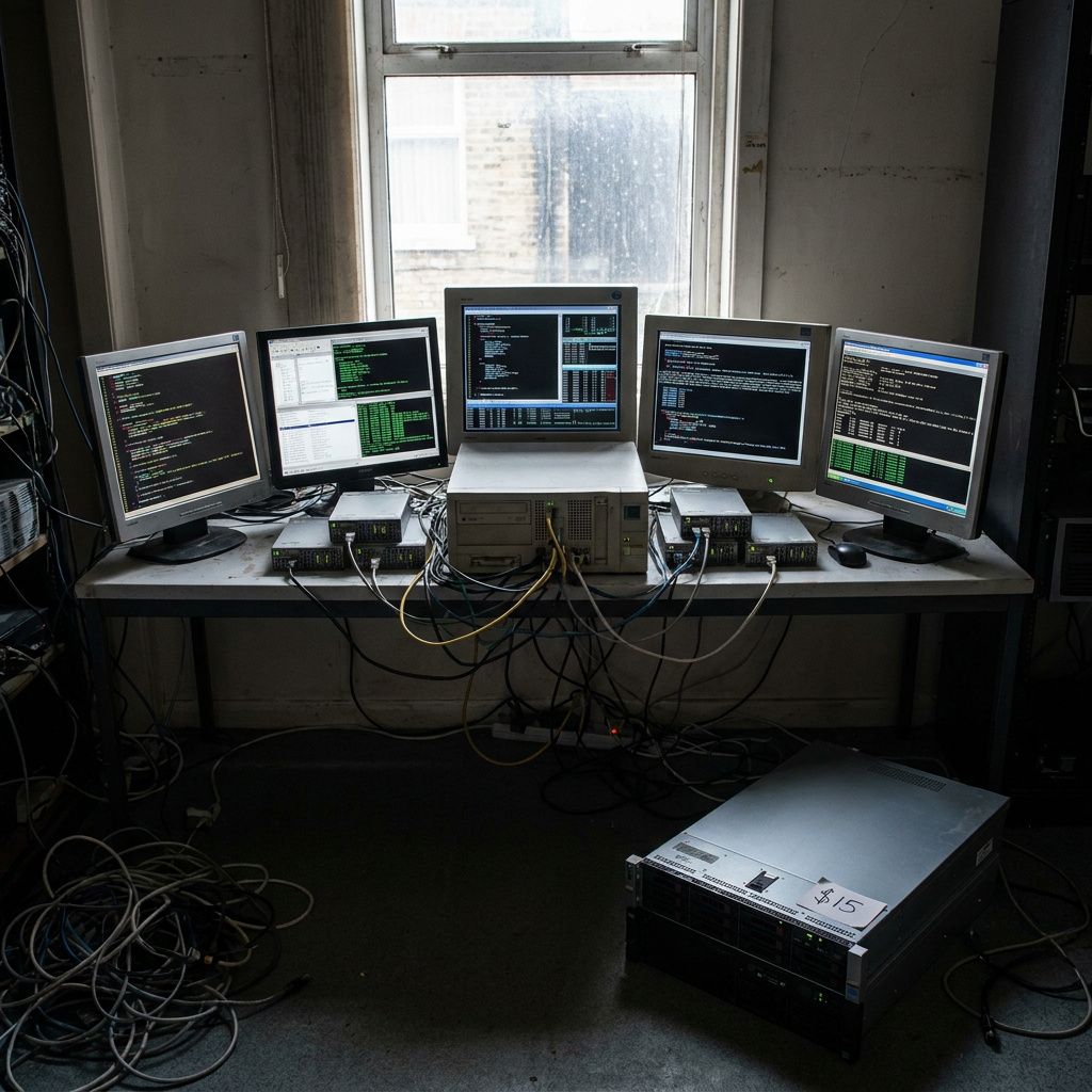 Makrofoto af cyan og grøn tape på betongulv med en slidt papæske i kanten, symbol på routingbaner og drift.