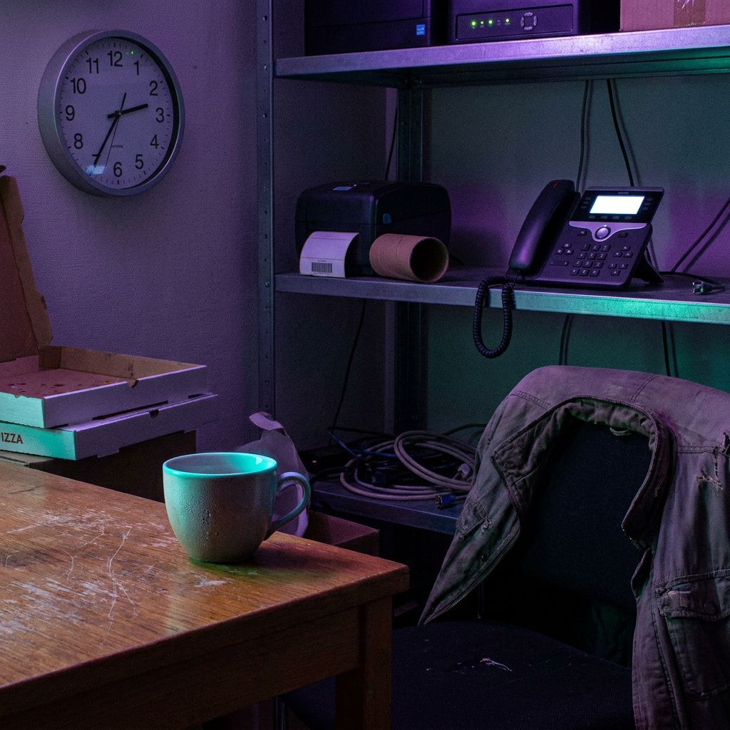 Tom support‑backroom om natten, stoppet vægur ved 02:11 og kold kaffekop — konsekvens af en headless fejlhændelse