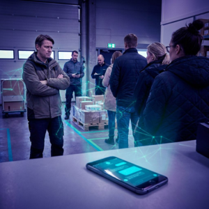 Operationsleder ved en lille nordisk udleveringsskranke står overfor en ubevægelig palle og en ventekø; en nedadvendt telefon antyder 'perfekt' agent‑svar, mens cyan/grøn gulvmarkeringsbånd stopper leverancen. Dyb indigo/lilla tone, subtil data‑glød.
