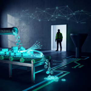 Nordisk lager/dispatch med et kort ventebånd, cyan/green gulvbaner og en silhouet operationsleder i døråbningen — et billede af en synlig driftsflaskehals og beslutningsøjeblik.