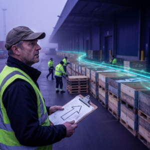 Operationsleder foran kø af paller i en havne‑lastemodtagelse; cyan/grøn pulserende lysstrippe kommenterer dataflow, indigo toner giver Snilld‑mood.