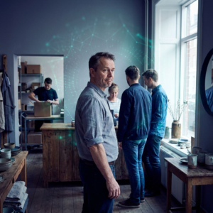 Ejerleder i en lille dansk butik ser på en kort kø og udleveringslinje; mørke indigo-skygger med cyan/grønne refleksioner antyder et digitalt løfte og beslutningspres.