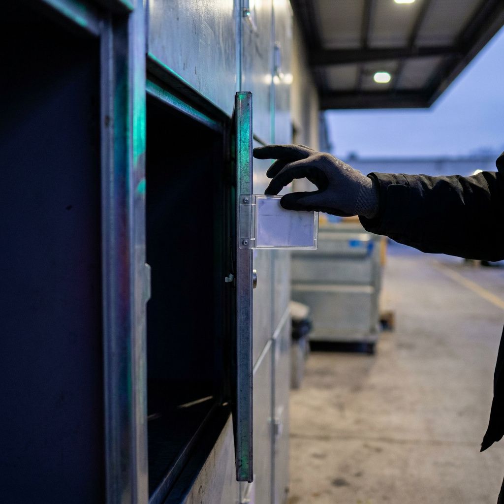 Medarbejder lægger en pakke på udleveringshylde mens kunde venter; indigo og cyan/grønne refleksioner antyder digital transformation uden skærme.