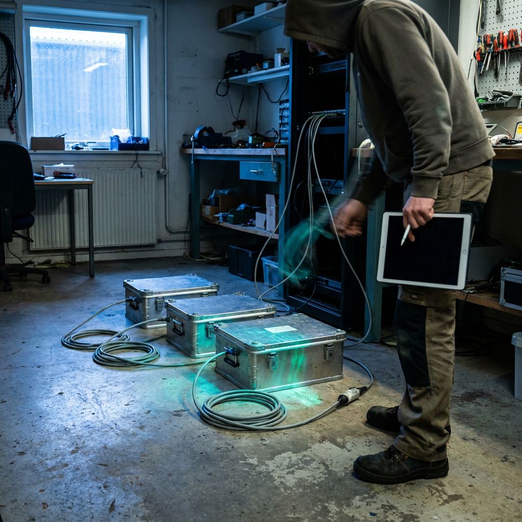 Lille testrig i et dansk it‑værksted med tekniker uden ansigt i frame; cyan/grøn refleks og indigo lys antyder databane og throughput.