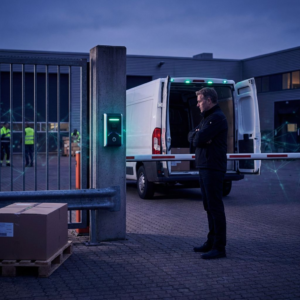 Dansk SMV‑leder foran en leverancevogn holdt tilbage ved et fysisk checkpoint i en baggård — indigo skygger og cyan signal‑accents antyder dataflow og governance