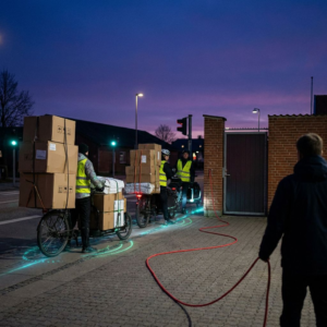 Nordisk operationshal ved skumring: stoppet leveranceflaskehals foran lukket lastport, leder set bagfra, indigo/cyan belysning og subtile pulser langs ruter på gulvet — symbol på 'sikre men forkerte' AI‑svar og en beslutning i hænderne på en SMV‑leder.