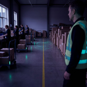 En dansk operationsleder ved en markeret gulvlinje i et pakkeområde; den ene side viser normalt flow, den anden en lang række større pakker, dybe indigo‑skygger og cyan/green accenter signalerer Snilld AI Puls‑stil.