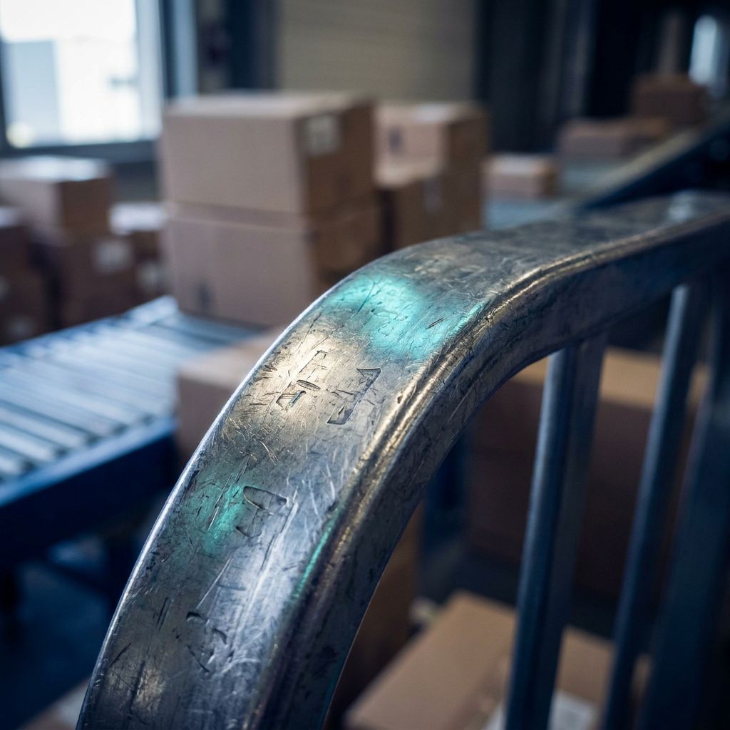 Nærbillede af en slidt, label‑fri RFID‑palletag med cyan/green refleks, symboliserer øget throughput og ændret flow.