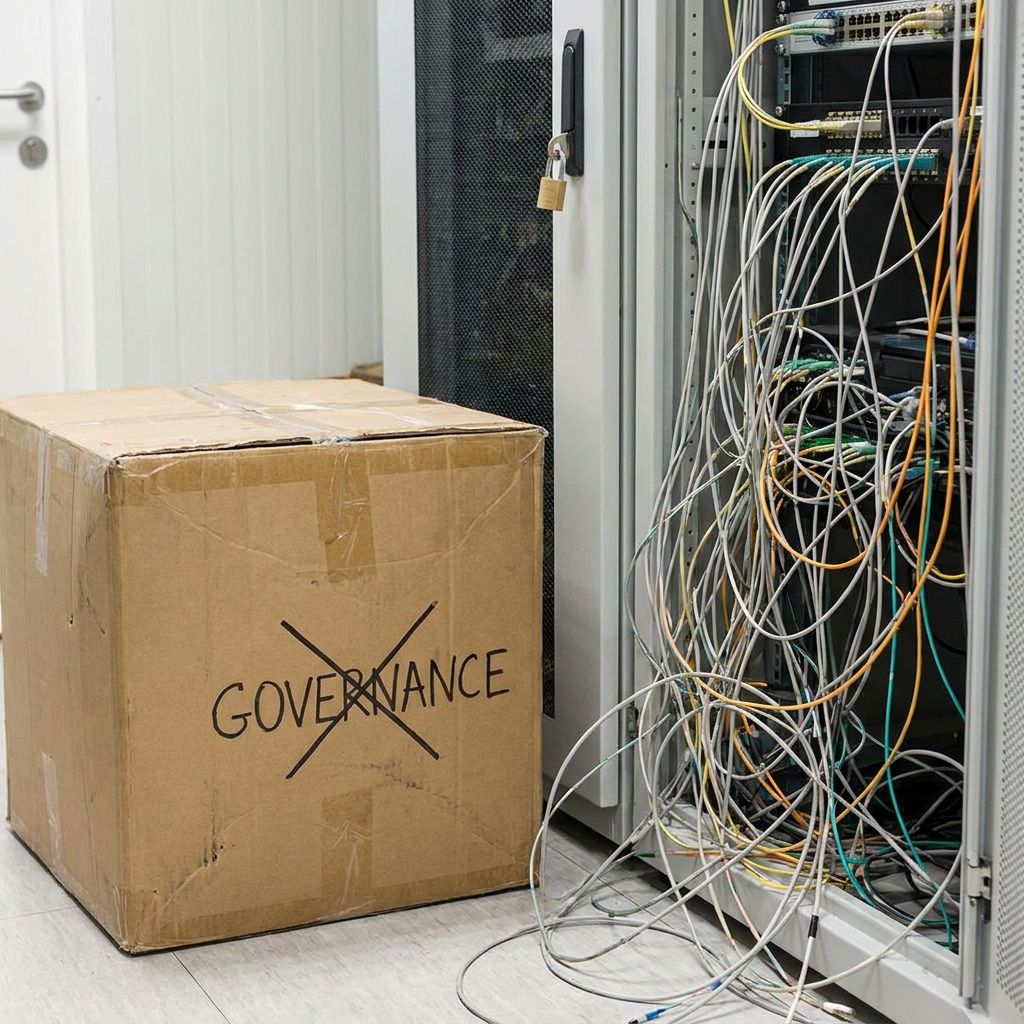 Processfoto: tekniker forbereder udlevering af pakker, badge‑station i baggrunden, indigo/cyan tone, ingen læsbar tekst.