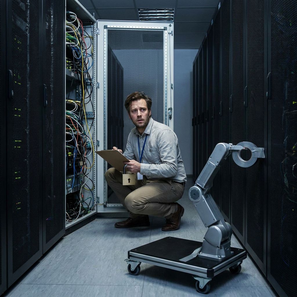 Processfoto: tekniker forbereder udlevering af pakker, badge‑station i baggrunden, indigo/cyan tone, ingen læsbar tekst.