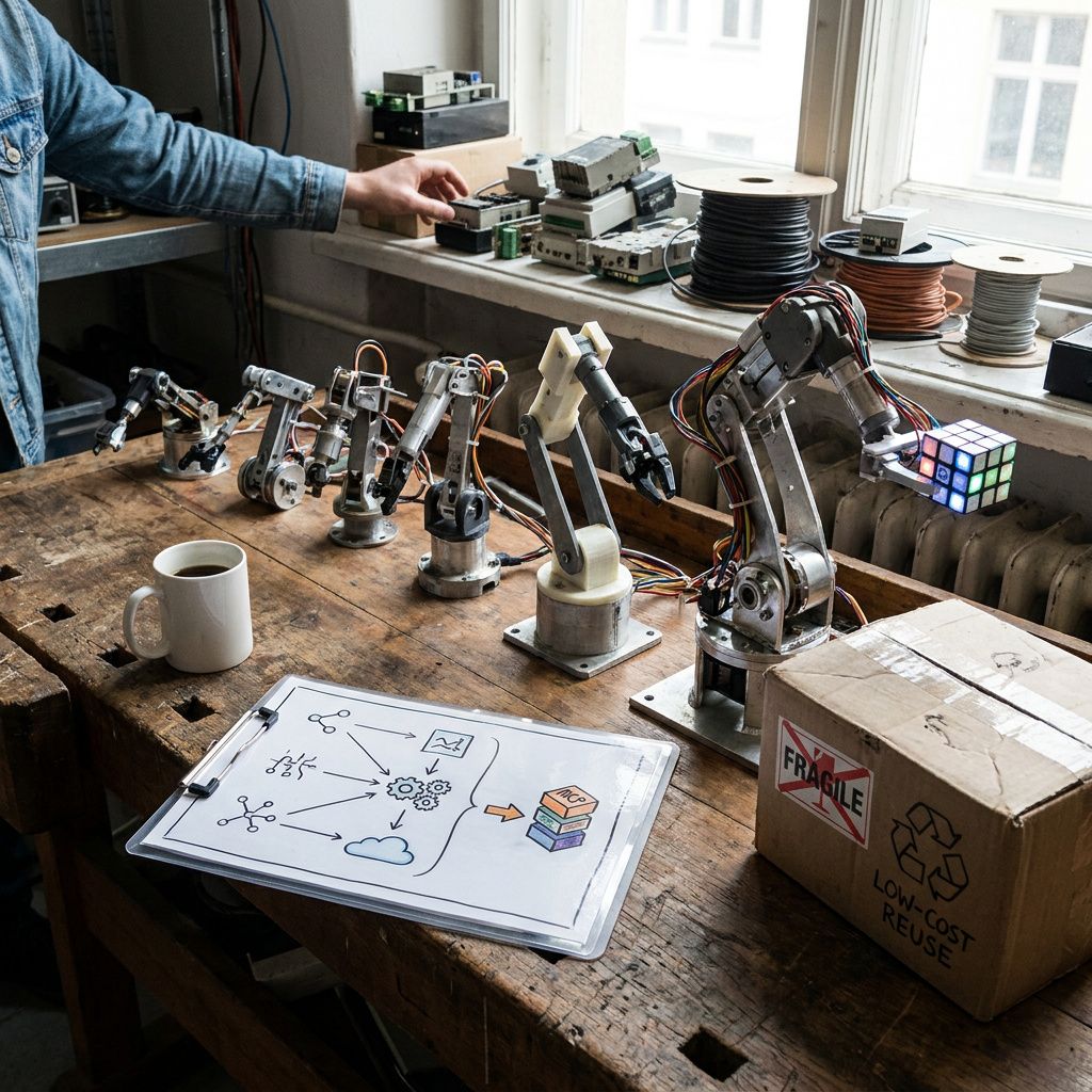 Tekniker bærer en gennemsigtig boks med farvede tabber gennem et lille testkorridor, indigo stemning og cyan highlights — et øjeblik fra pilotens proces.