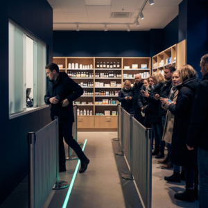 Venteområde i en nordisk klinik, en person lægger telefonen i lommen idet døren til konsultationsrummet åbnes, fokus på tærsklen og diskret datapuls i lyset.