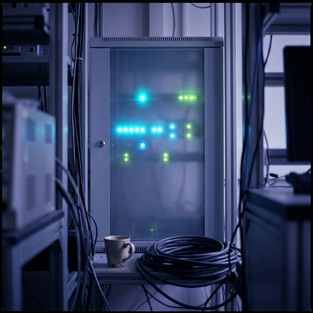 Lille compute‑kabinet set gennem frostet glas med cyan accenter, indigo skygge, laboratorium i baggrunden sløret.