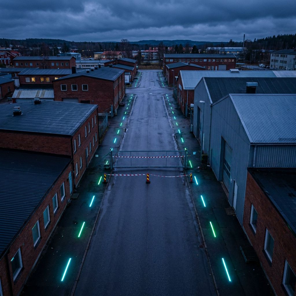 Bykort‑metafor med en blokeret vej/gate og lysstriber der symboliserer test‑pulser og pipelines.